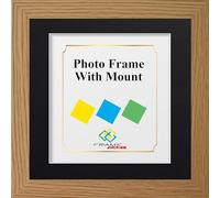 FRAME EAZY Square Oak Photo Frame Picture Frame with Black Mount - Comes With Safe Perspex Front & Wall Hanging Hooks - Square Frame 13"x 13" Pic Size 9"x 9" Mount
