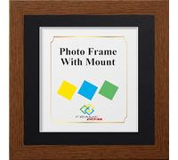 FRAME EAZY Square Walnut Photo Frame Picture Frame with Black Mount - Comes With Safe Perspex Front & Wall Hanging Hooks - Square Frame 12"x 12" Pic Size 8"x 8" Mount