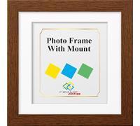 FRAME EAZY Walnut Photo Frame - Square 60 x 60 cm, Pic Size 50 x 50 cm, White Mount, Safe Perspex Front, Wall Hanging Hooks