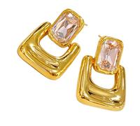 Frame Geometric Dangle Earrings with Layered Glass Accent | Rectangular Faceted Glass Paired with the Open Frame, Copper Base Structure, Complete Coordinated Pair