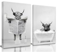 Framed 2 Pieces Bathroom Wall Art Funny Highland Cow Canvas Cow in Bathtub prints Cute Animal Pictures Modern Home Décor Humor Animals Poster Rustic Farmhouse Decoration 12"x16"x2