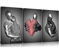Framed 3 Pcs Love Heart 3d Wall Art Metal Sculpture Romantic Couple Hug Abstract Art Prints Posters Decor Grey Black and White Canvas Printsfor Bedroom Living Room Bathroom Hotel Valentine'S Day