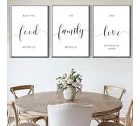 Framed 36" x 16" Farmhouse Grey Kitchen Wecor, Bless The Food Before Us Wall Decor for Dining Room Wall Decor(12x16 inches, Set of 3, Framed, Grey)