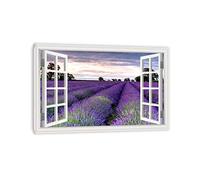 Framed-3D Effect View Fake Windows Landscape Pictures.Purple Lavender Flower Scenery Picture Print Window Mural.Stretched Artwork Framed Ready to Hang90x135(35x53in) Framed