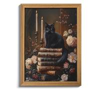 Framed 3D Textured Cat Wall Art - Vintage Books Floral Dark Academia Decor, Victorian Gothic Botanical Flowers Pictures for Living Room Bedroom Gallery Library Wall Decor - 12x16in