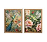 Framed 3D Textured Colorful Wall Art Set of 2 - Hummingbird Aesthetic Paintings, Vintage Botanical Pictures Wall Decor, Nature Flower Canvas Prints for Bedroom Living Room, Hallway 12x16 inch