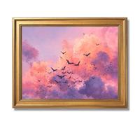 Framed Aesthetic Sunset Clouds with Flying Birds Poster, Canvas Print Art, Minimalist Contemporary Wall Art, Painting, Pictures, Art Print, Stunning, Home Decor (Retro Framed,16L X24W)
