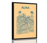 Framed Aloha Ocean Waves Poster Canvas Print Art Vintage Beach Coastal Style Wall Art Painting Pictures Wall Decor for Living Room Apartment (Black Framed,16" Lx24 W)