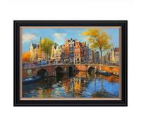 Framed Amsterdam canal view Canvas Print Art Modern Rustic Wall Art Pictures Elegant Home Decor for Living Room or Office (Retro Framed,12L x16W)