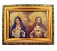 Framed Art Italian Lithograph The Sacred Hearts Print in Antique Gold Tone Frame with Glass, 6 1/2 Inch