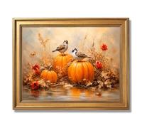 Framed Autumn Birds on Pumpkins Poster Canvas Print Art, Rustic Farmhouse Wall Art, Stunning Art Print, Painting, Pictures, Wall Decor for Living Room Home Decor (Retro Framed,16L X24W)
