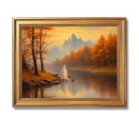 Framed Autumn Ghost By The Mountain River Poster Canvas Print Art, Whimsical Trendy Wall Art Painting Pictures Wall Decor, Rustic Vintage Art Print Living Room (Retro Framed,16L X24W)