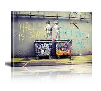 Framed Banksy Canvas Wall Art Life Is Short Pop Street Graffiti Wall Art Decor Cool Poster Paintings Colorful for Men Ready To Hang for Living Room Bedroom Home Bathroom Wall Decor 12x16in