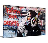 Framed Banksy Graffiti Canvas Wall Art Follow Your Dreams Monkey Poster With Headphones Prints Street Painting Picture Man Cave Wall Decor Pop Art for Living Room Ready To Hang 16"Wx 24"H (40x60cm)