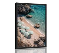 Framed Beach umbrellas and turquoise sea Canvas Print Art Poster Coastal Scene Stunning Beach Poster Wall Art Pictures Wall Decor Living Room Apartment Home Decor (Black Framed,16" Lx24 W)
