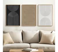 Framed Black and White Brown Abstract Wall Art, 3 Piece Boho Geometric Canvas Prints Paintings Artwork for Walls, Modern Minimalist Neutral Pictures for Living Room Dining Room Bedroom Wall Decor