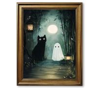 Framed Black Cat and Little Ghost Moonlit Forest Poster Canvas Print Art Modern Whimsical Wall Art Painting Pictures Wall Decor Cute Art Print Living Room Decoration (Retro Framed,24L X36W)