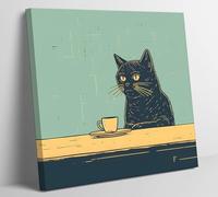 Framed Black Cat Chilling With Coffee Wall Art Funny Cute Cat Canvas Wall Decor Dining Table Retro Drink Pictures Prints Posters for Kitchen Living Room Bedroom Home Decorations Ready To Hang 12x12in