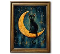Framed Black Cat on Crescent Moon Poster Canvas Print Art, Whimsical Boho Wall Art, Modern Painting, Trendy Pictures, Wall Decor, Art Print for Bedroom Living Room (Retro Framed,24L X36W)