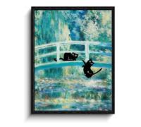 Framed Black Cat Wall Art, Funny Black Cats on Japanese Bridge Monet Style Textured Art Print, Eclectic Cat Posters for Room, Bedroom Living Room Bathroom Wall Decor, 8 x 10 Inches