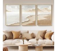 Framed Boho Coastal Beach Wall Art for Living Room, Large Neutral Abstract Coastal Canvas Artwork for Walls, 3 Piece Minimalist Ocean Picture Print for Bedroom Kitchen Wall Decor, Total Size 30x60 In
