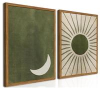 Framed Boho Sun and Moon Canvas Wall Art Set of 2, Vintage Sage Green Bohemian Pictures Wall Decor, Mid Century Modern Abstract Minimalist Paintings Prints for Living Room Bedroom Office 16x24 inch