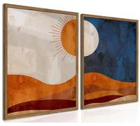 Framed Boho Sun and Moon Canvas Wall Art Set of 2, Vintage Western Desert Landscape Wall Decor Paintings, Mid Century Modern Abstract Pictures Prints Artwork for Living Room Bedroom Office 12x16 inch