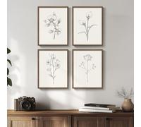 Framed Botanical Floral Wall Art, 4 Piece Neutral Black and White Flower Canvas Prints Painting, Rustic Nature Minimalist Plant Pictures for Farmhouse Living Room Bedroom Kitchen Bathroom Wall Decor