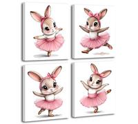 Framed Pink Bunny Canvas Wall Art Prints,Ballerina Bunny Nursery Wall Decor,Preppy Dress Rabbit Ballet Paintings Artwork,for Girls Room Bedroom Home Decoration Set of 4 (8"x10")