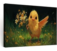 Framed Canvas Animal Chicken Forest Meadow Floral Wall Art 100L x 75W cm, Cartoon Picture Prints for Walls, Waterproof Forest Green Photo Canvas Modern Home Decor for Living Room, Bedroom & Bathroom