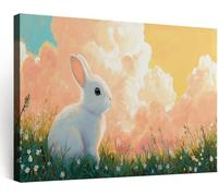 Framed Canvas Animal White Rabbit Meadow Clouds Wall Art 40L x 30W cm, Cottagecore Picture Prints for Walls, Waterproof Sunset Orange Photo Canvas Modern Home Decor for Living Room, Bedroom & Bathroom