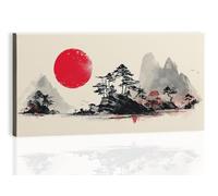 Framed Canvas Country Mountains Botanical Pine Trees Wall Art 120L x 60W cm, Chinese Ink Wash Picture Prints for Walls, Red Photo Canvas Modern Home Decor for Living Room, Bedroom & Bathroom