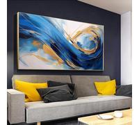 Framed Canvas Prints Wall Art Modern Artwork Extra Large Blue Gold Abstract Painting Wall Picture for Living Room Decoration 65x130cm/26x52inch With-Gold-Framed Ready to Hang