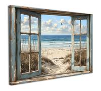 Framed Canvas Wall Art 12x16 Inch Beach Window View Artwork Rustic Wall Canvas Pictures for Living Room Bedroom Hallway and Stairs Wall Decoration Prints for Walls with Hooks Magic Tape and Nails