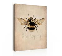 Framed Canvas Wall Art 12x16 Inch Bee Happy Inspirational Quote Artwork Rustic Bee Picture Modern Wall Canvas for Living Room Bedroom Hallway and Stairs Wall Decoration Prints with Hooks Magic Tape
