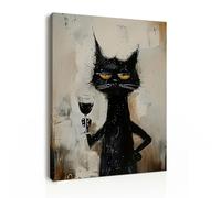 Framed Canvas Wall Art 12x16 Inch Funny Black Cat with Wine Glass Modern Animal Artwork Humorous Wall Canvas for Living Room Bedroom Dining Room Bar Café Wall Decoration Prints with Hooks Magic Tape