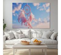 Framed Canvas Wall Art Artwork Bohemian Feathers Dreamcatcher Pink, Waterproof Print Wall Decoration for Living Room Bedroom Kitchen, Pictures for Bathroom Walls - 140x70 cm