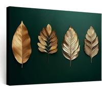 Framed Canvas Wall Art Artwork Luxury Dark Green Gold Leaf Botanical, Waterproof Print Wall Decoration for Living Room Hallway Home Office, Pictures for Bathroom Walls - 120x60 cm