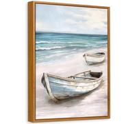 Framed Canvas Wall Art Blue White Sea Boat Painting Prints for Wall Poster Seaside Coastal Sandy Beach Picture for for Living Room Bedroom Bathroom Dining Room Hallway Decor 30x40cm (No Acrylic Glass)