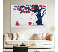 Framed Canvas Wall Art, Cartoon Animal White Rabbit Red Apple Tree Artwork Wall Art Home Decor Poster - Pictures Paintings on Canvas for Bedroom Dining - 70x50 cm