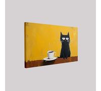Framed Canvas Wall Art Cat and coffee cup 30 x 20 cm Waterproof Modern Yellow Print with Hooks Ready to Hang Decoration for Living Room Bedroom