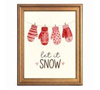 Framed Canvas Wall Art Folk Art Winter Mittens Pink and Red Let it Snow Canvas Print Poster Gold Frame Wall Decor for Home Living Room Holiday Decor, Seasonal Art - Inch 12x16