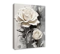 Framed Canvas Wall Art for Living Room, Elegant White Rose Floral Artwork, Modern Gray and Beige Flower Decoration, Canvas Wall Art for Bedroom or Hallway with Hooks and Magic Tape, 12x16 Inch