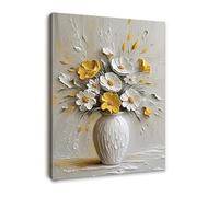 Framed Canvas Wall Art for Living Room, Modern Yellow and White Floral Artwork, Elegant Vase Flower Decoration, Textured 3D Canvas Painting for Bedroom or Hallway with Hooks and Magic Tape, 12x16 Inch