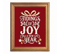 Framed Canvas Wall Art Graphic Tidings of Joy Gift Box Deep Red and Cream Canvas Print Poster Gold Frame Wall Decor for Living Room Christmas Decor, Holiday Art - Inch 16x20