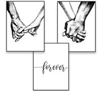 Framed Canvas Wall Art Hands Forever Ready To Hang Black & White Line Drawing Artwork for Living Room Bedroom Love Wall Pictures Prints for Couples Home Decor (12" x 16" x 3 Panels, Hands Forever)