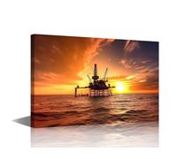 Framed Canvas Wall Art Large Offshore Oil Rig Drilling Platform at Sunset and Beautiful Sky In Tropical Paradise Posters and Prints Wall Art for Home Office Wall Decoration Ready to Hang 18x12 in