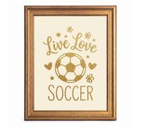 Framed Canvas Wall Art Minimalist Sports Live Love Soccer Gold Glitter Typography and Icon on Cream Canvas Print Poster Gold Frame Wall Decor for Girls Room Soccer Gift, Kids Decor - Inch 8x10