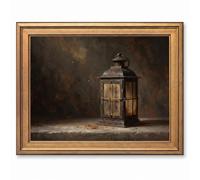 Framed Canvas Wall Art Oil Painting Rustic Metal Lantern Earthy Gold Tones Canvas Print Poster Gold Frame Wall Decor for Living Room Study Still Life Art, Traditional Decor - Inch 8x10