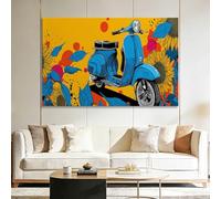 Framed Canvas Wall Art Pop Art Blue Scooter Yellow Sunflowers Quality Picture Prints, Wall Art Decor for Home, Living Room & Guest Room - 90x60 cm